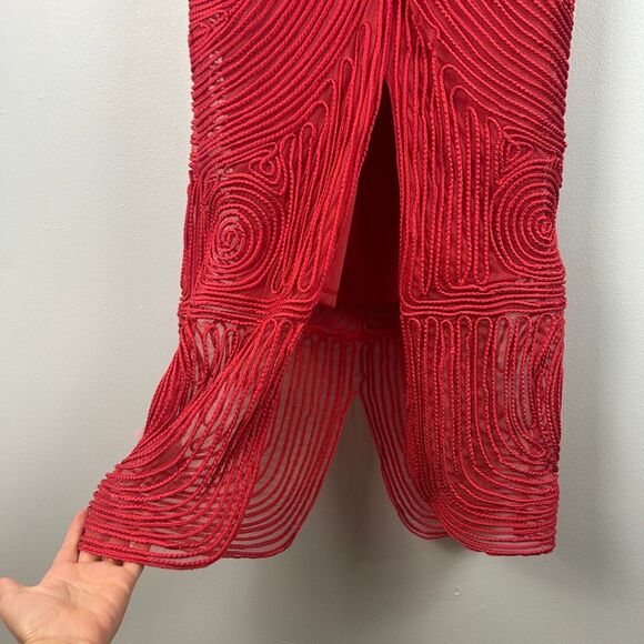 ARRANGE Embroidered Cornelli One Shoulder Red Midi Dress - Picture 5 of 11